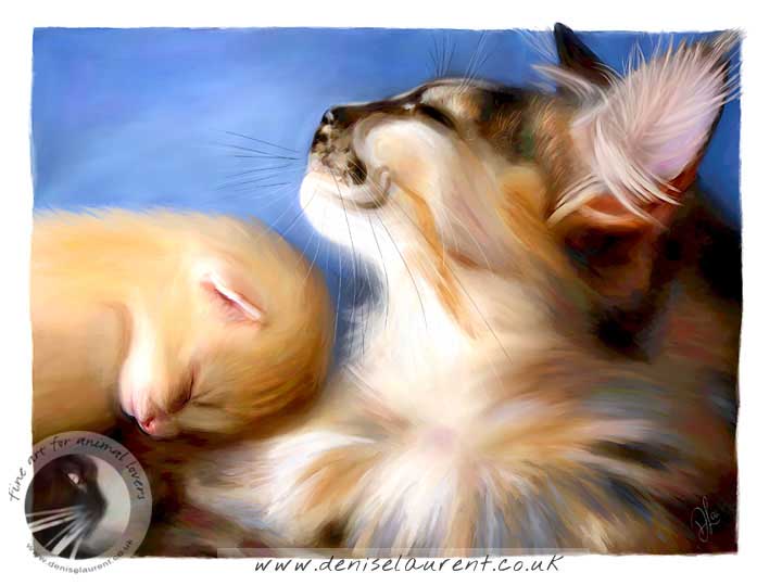 Mother maine coon cat and her ginger kitten art print