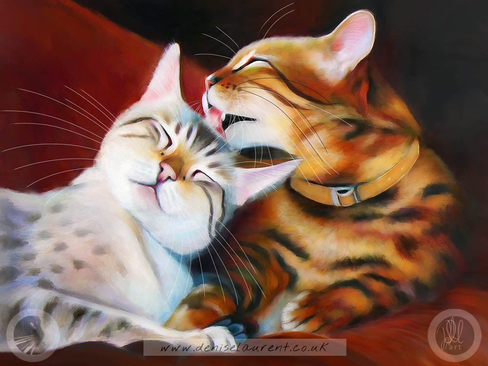 art print of two bengal cats washing each other