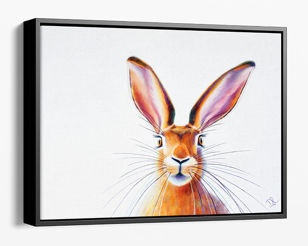 Peek A Boo! - Framed Canvas Print featuring a whimsical hare canvas with large expressive ears and amazing whiskers, in a modern frame.