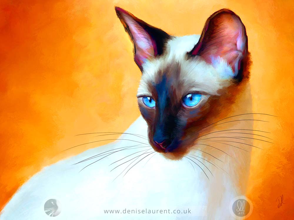 art print of a blue eyed siamese cat on a hot orange background