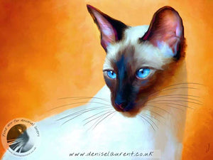 art print of a blue eyed siamese cat on a hot orange background