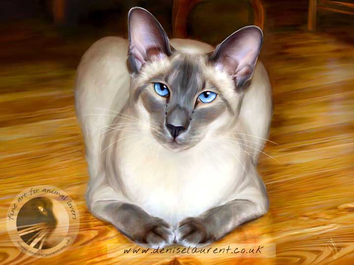 art print of a siamese cat on a polished wood floor
