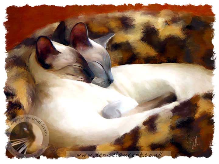 art print of two siamese cats curled in in their basket