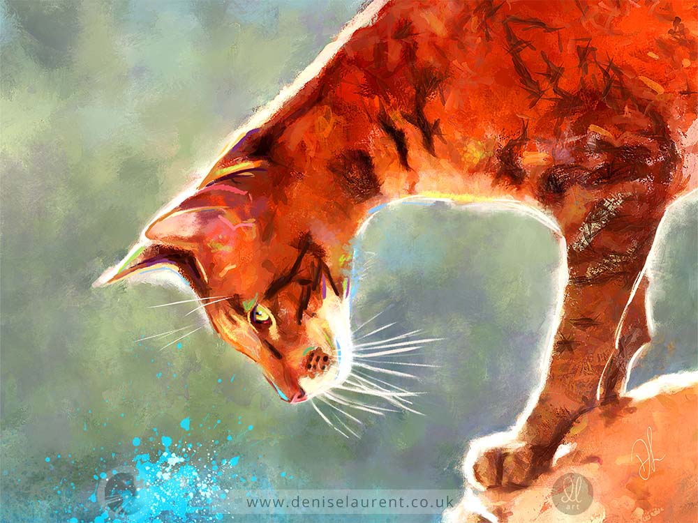 art print of a brown oriental cat watching a splash of water