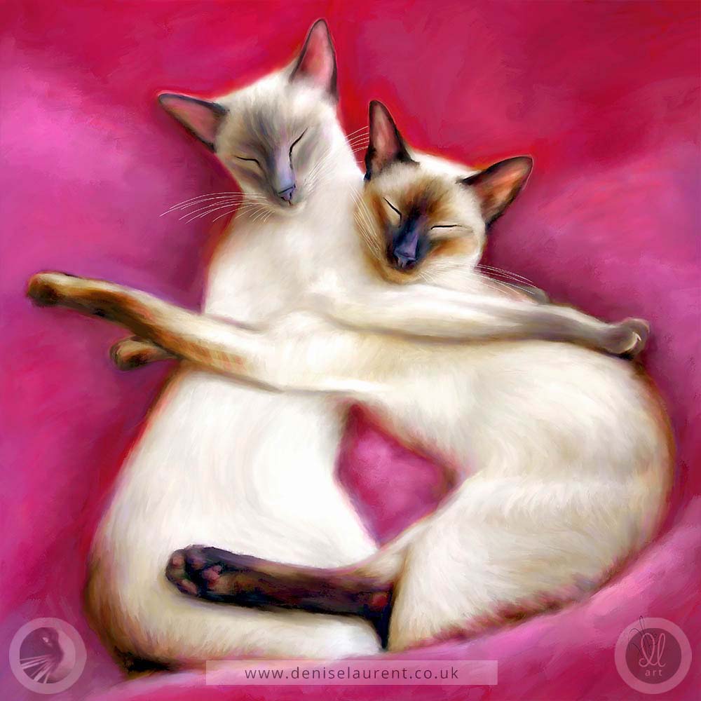 fine art print of a pair of siamese cat with their arms around each other on pink cushions