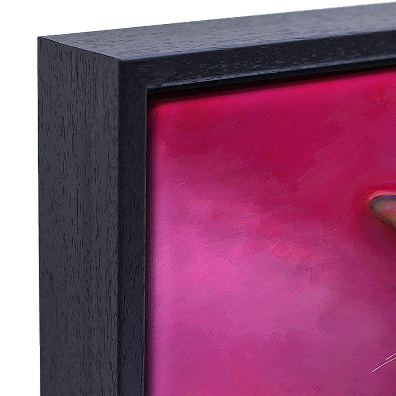 Close-up of a siamese cat framed canvas, highlighting the vibrant pink and the quality of the frame.
