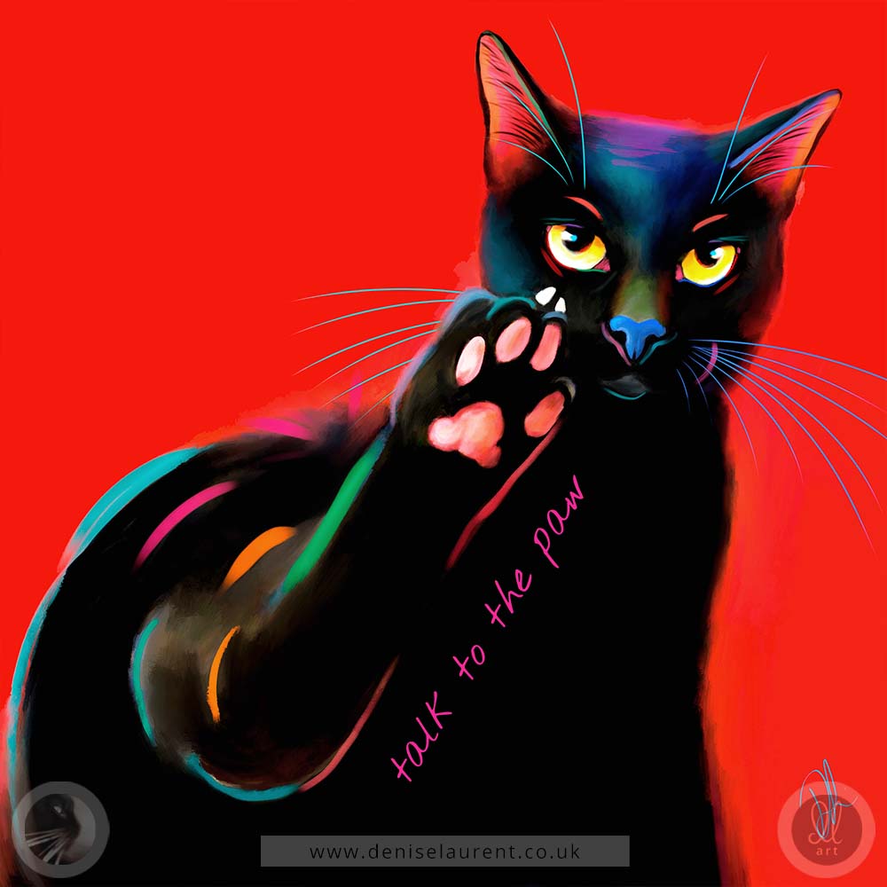 art print of a black cat with catitude on a red background