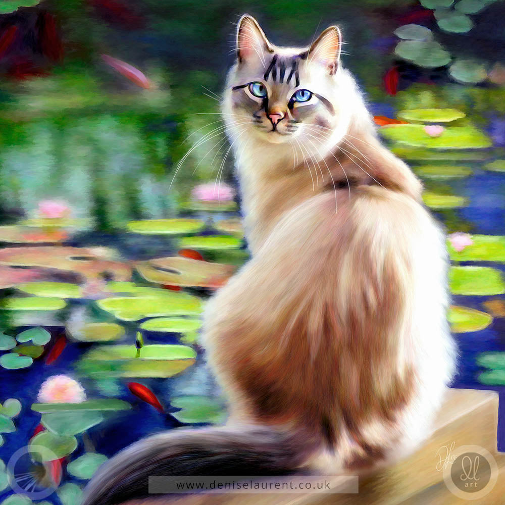 fine art print of a longhaired cat sitting by a fishpond fill of goldfish and lily pads