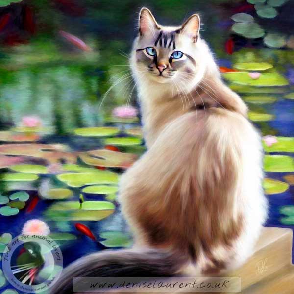 fine art print of a longhaired cat sitting by a fishpond fill of goldfish and lily pads