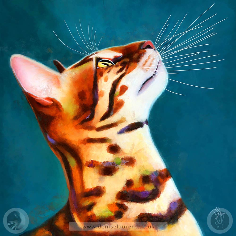 fine art print of a bengal cat in profile on a teal background