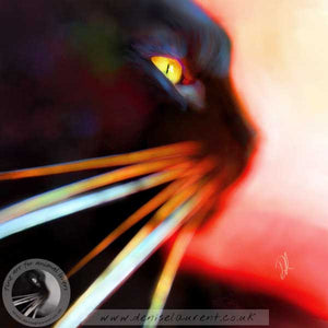 contemporary abstract art print of a black cat face and whiskers on a red backgound