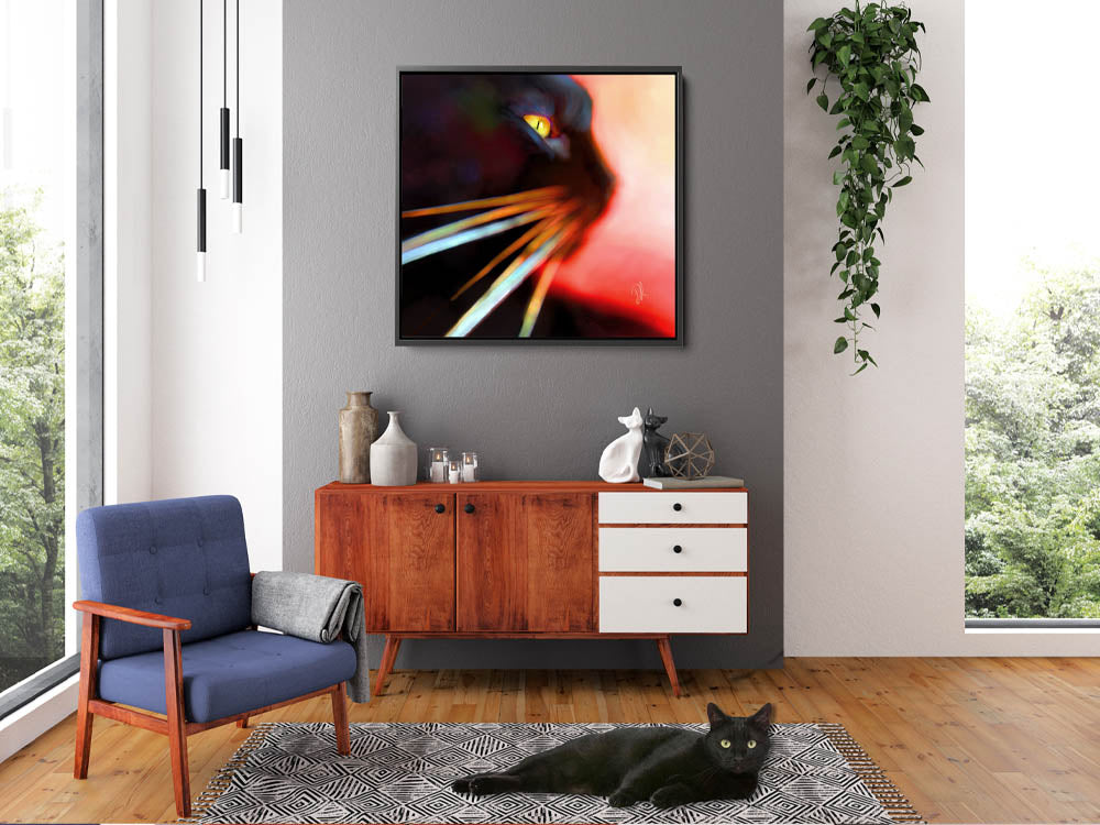 A stylish black cat framed canvas print. A close up of a black cat in a semi abstract artwork,   with vibrant colours and striking details.